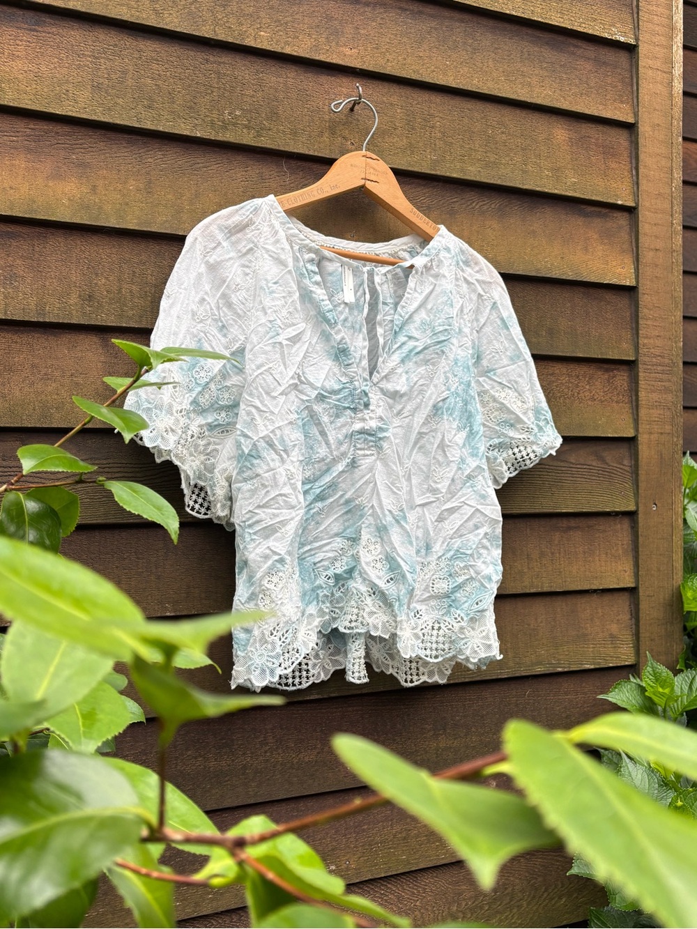 Anthropologie Light Blue Lace-Trim Women's Blouse